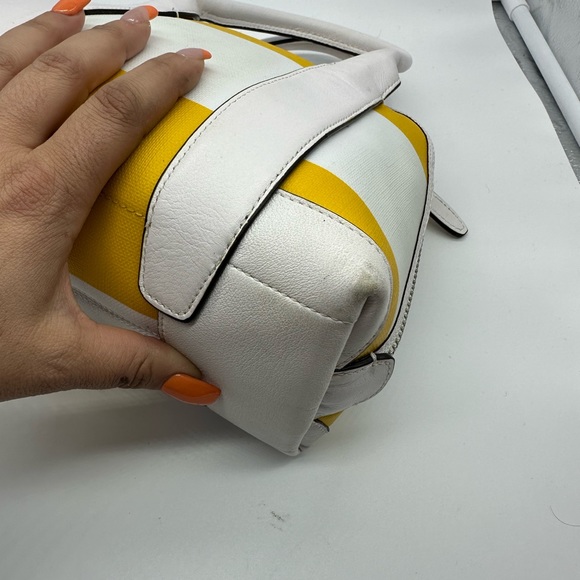 Coach Bleecker Mini Preston Striped Canvas Leather Satchel Yellow White - Picture 6 of 8